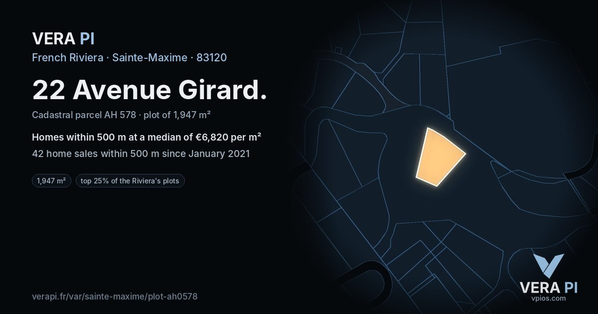 22 Avenue Girard, Sainte-Maxime at night – the plot lit, the parcels around coloured by the prices near them