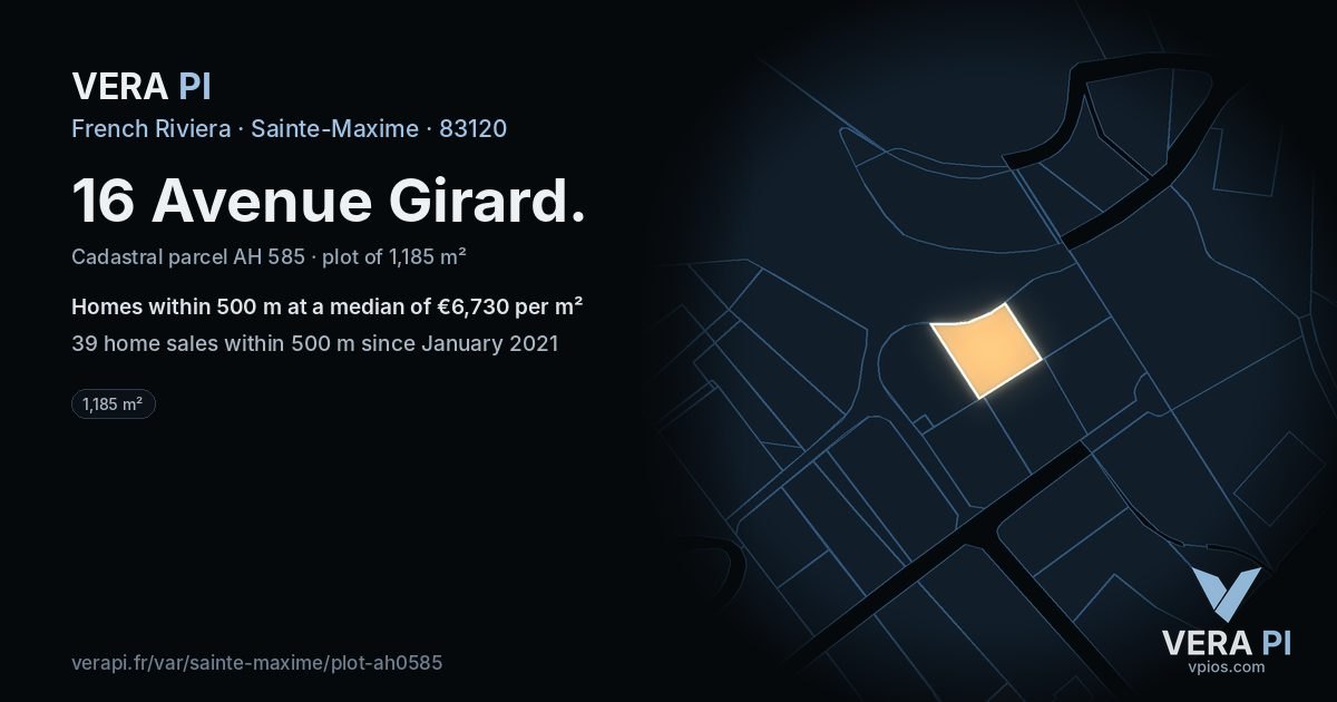 16 Avenue Girard, Sainte-Maxime at night – the plot lit, the parcels around coloured by the prices near them