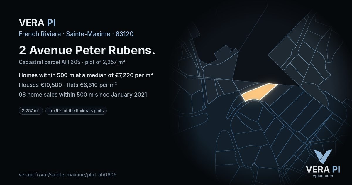 2 Avenue Peter Rubens, Sainte-Maxime at night – the plot lit, the parcels around coloured by the prices near them