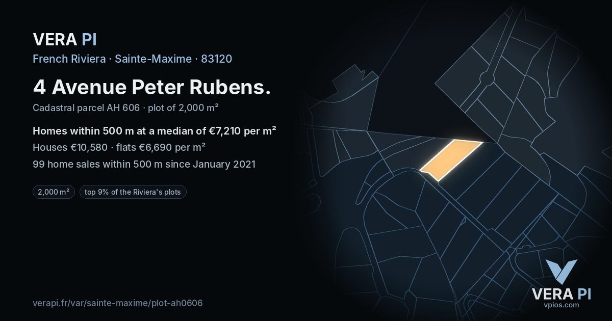 4 Avenue Peter Rubens, Sainte-Maxime at night – the plot lit, the parcels around coloured by the prices near them