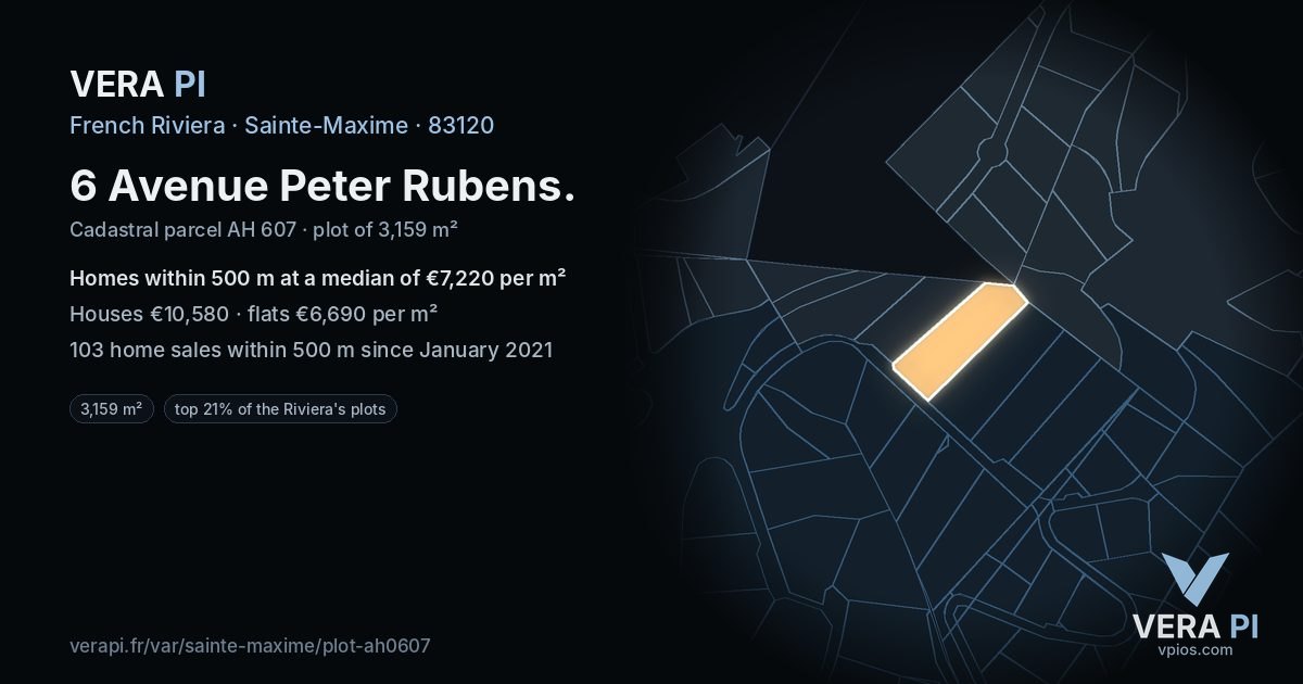 6 Avenue Peter Rubens, Sainte-Maxime at night – the plot lit, the parcels around coloured by the prices near them