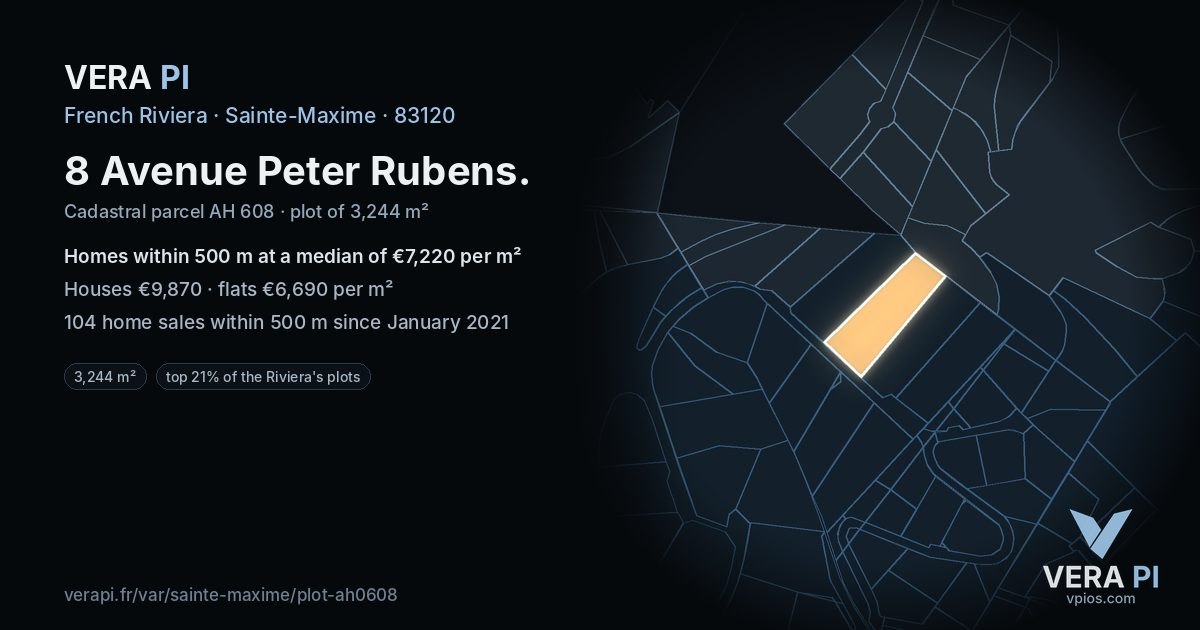 8 Avenue Peter Rubens, Sainte-Maxime at night – the plot lit, the parcels around coloured by the prices near them
