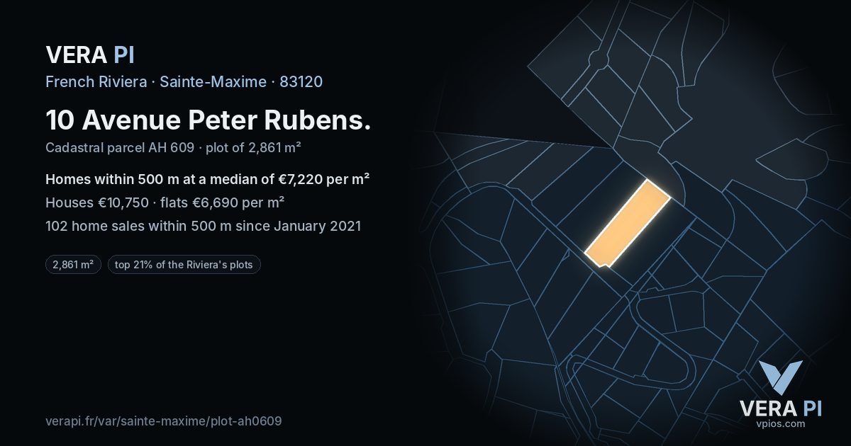 10 Avenue Peter Rubens, Sainte-Maxime at night – the plot lit, the parcels around coloured by the prices near them