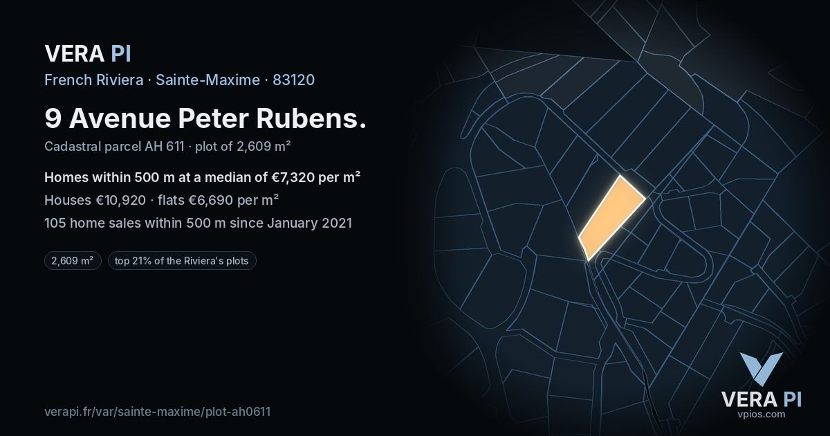 9 Avenue Peter Rubens, Sainte-Maxime at night – the plot lit, the parcels around coloured by the prices near them