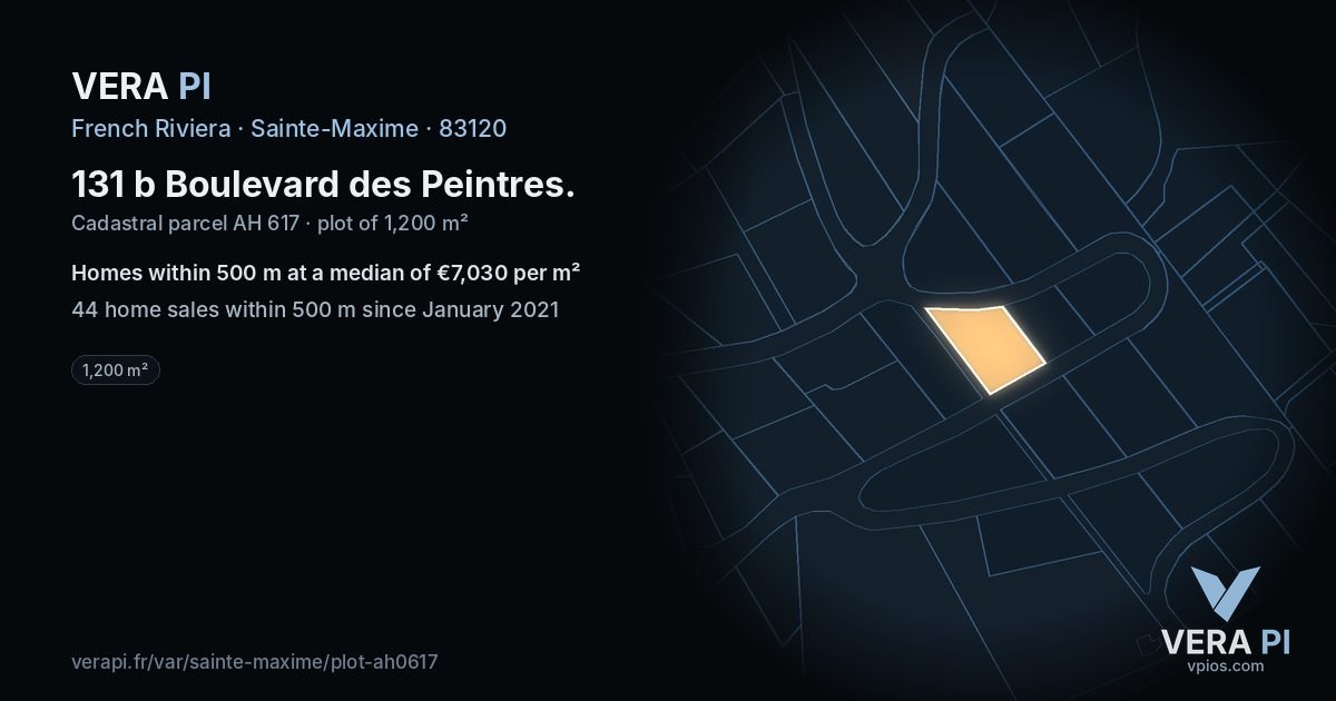 131 b Boulevard des Peintres, Sainte-Maxime at night – the plot lit, the parcels around coloured by the prices near them