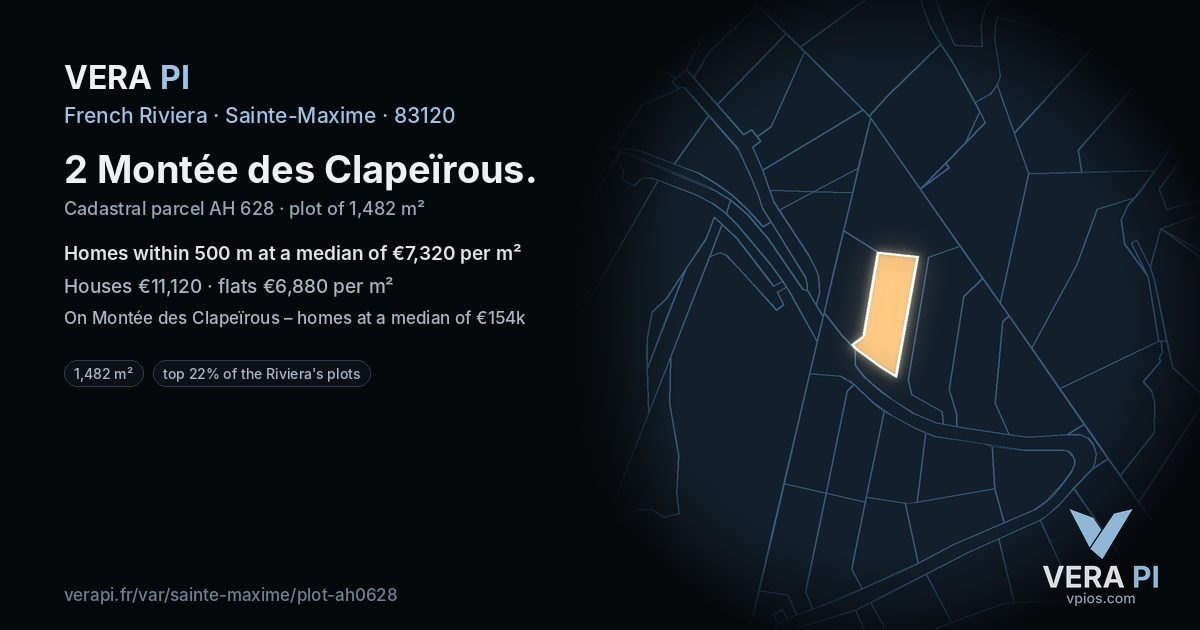 2 Montée des Clapeïrous, Sainte-Maxime at night – the plot lit, the parcels around coloured by the prices near them