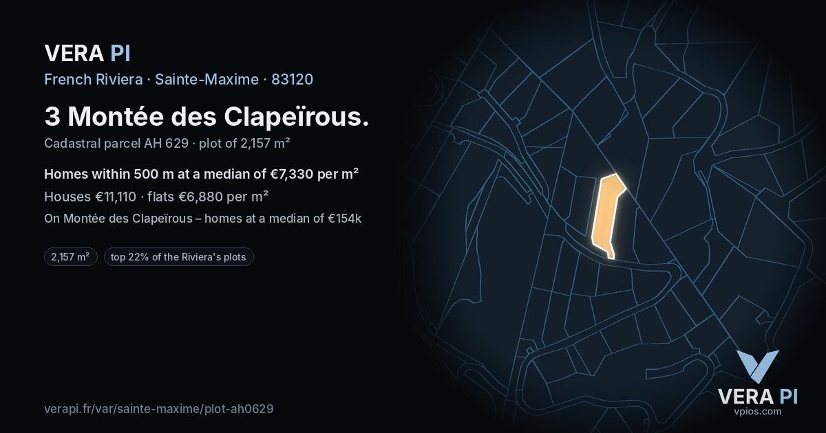 3 Montée des Clapeïrous, Sainte-Maxime at night – the plot lit, the parcels around coloured by the prices near them