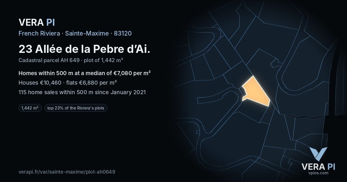23 Allée de la Pebre d’Ai, Sainte-Maxime at night – the plot lit, the parcels around coloured by the prices near them