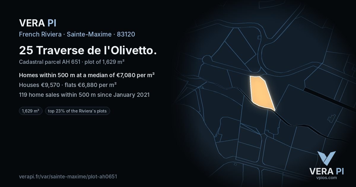 25 Traverse de l'Olivetto, Sainte-Maxime at night – the plot lit, the parcels around coloured by the prices near them