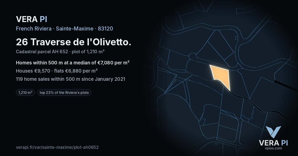 26 Traverse de l'Olivetto, Sainte-Maxime at night – the plot lit, the parcels around coloured by the prices near them