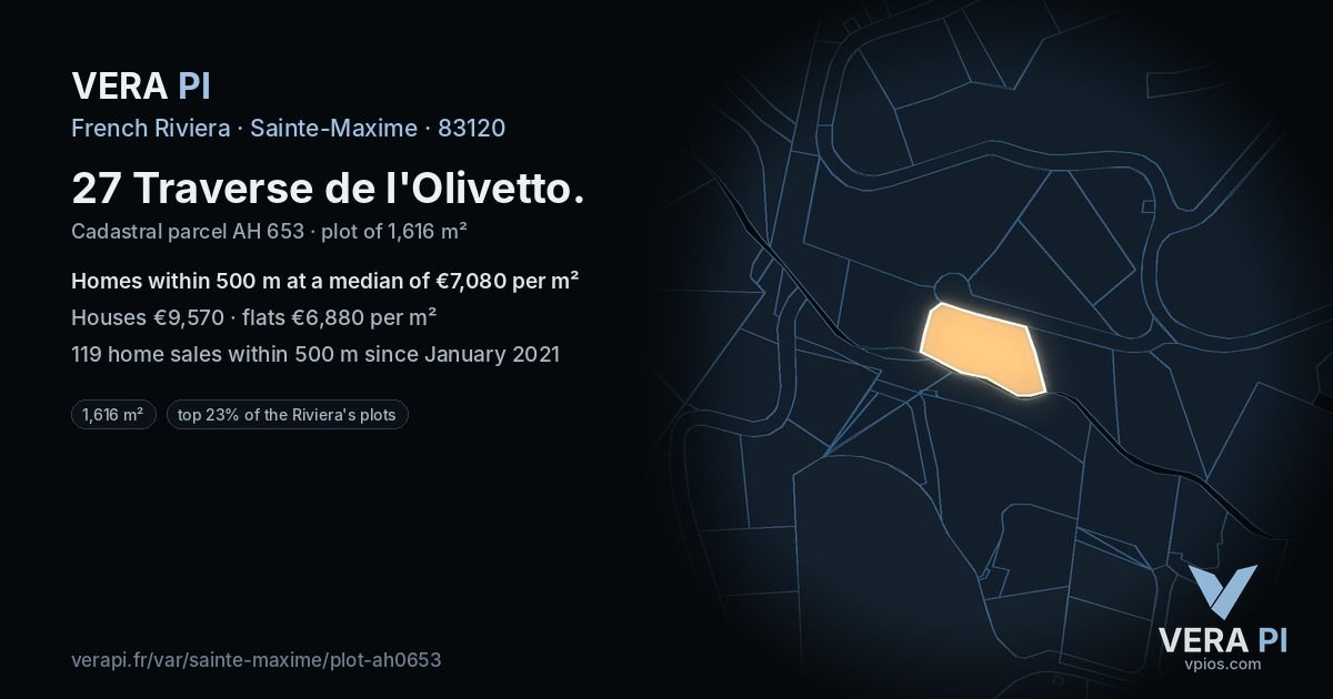 27 Traverse de l'Olivetto, Sainte-Maxime at night – the plot lit, the parcels around coloured by the prices near them
