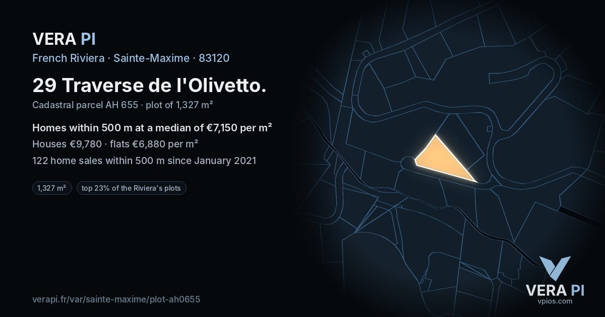 29 Traverse de l'Olivetto, Sainte-Maxime at night – the plot lit, the parcels around coloured by the prices near them