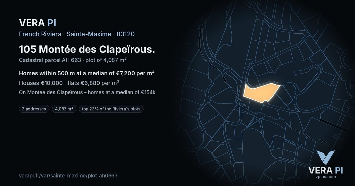 105 Montée des Clapeïrous, Sainte-Maxime at night – the plot lit, the parcels around coloured by the prices near them