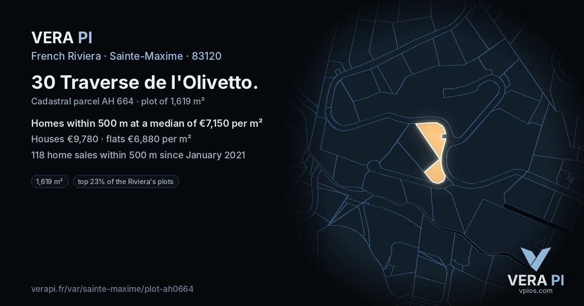 30 Traverse de l'Olivetto, Sainte-Maxime at night – the plot lit, the parcels around coloured by the prices near them