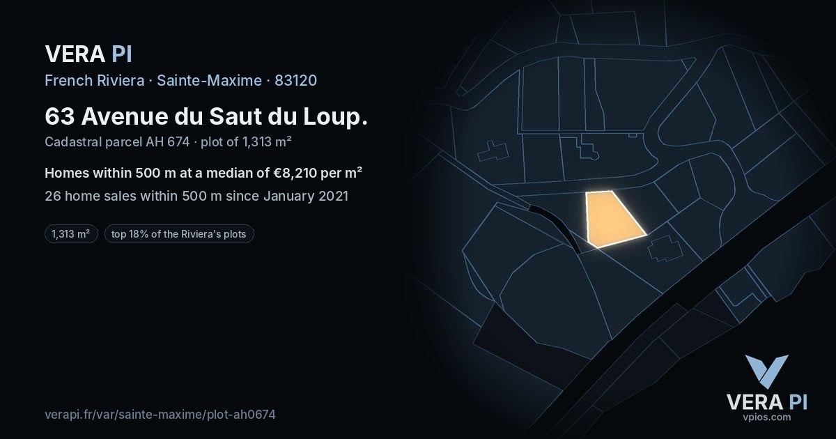 63 Avenue du Saut du Loup, Sainte-Maxime at night – the plot lit, the parcels around coloured by the prices near them