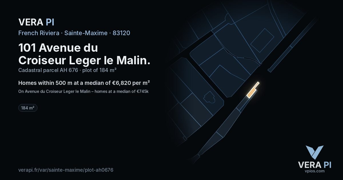 101 Avenue du Croiseur Leger le Malin, Sainte-Maxime at night – the plot lit, the parcels around coloured by the prices near them