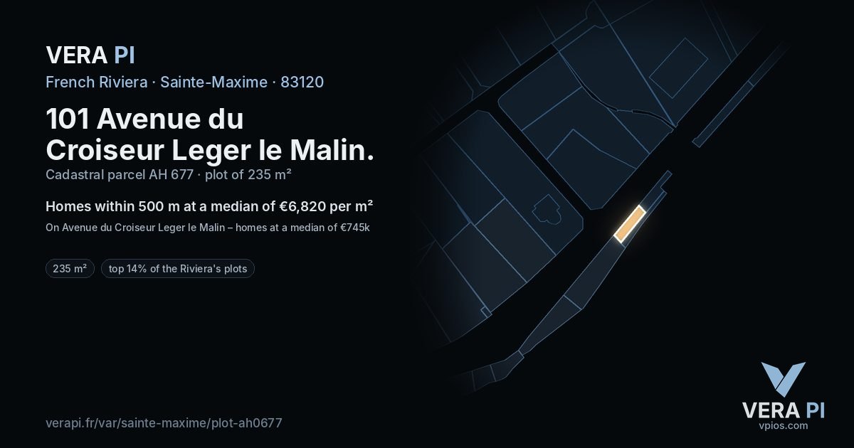101 Avenue du Croiseur Leger le Malin, Sainte-Maxime at night – the plot lit, the parcels around coloured by the prices near them