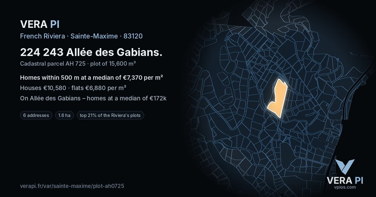 224 243 Allée des Gabians, Sainte-Maxime at night – the plot lit, the parcels around coloured by the prices near them