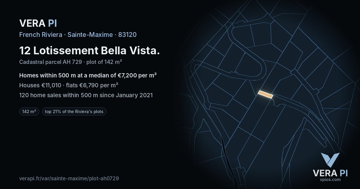 12 Lotissement Bella Vista, Sainte-Maxime at night – the plot lit, the parcels around coloured by the prices near them