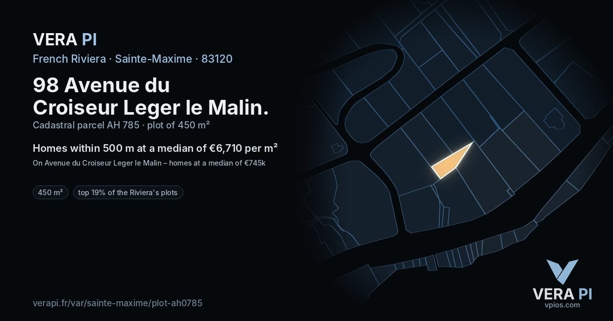 98 Avenue du Croiseur Leger le Malin, Sainte-Maxime at night – the plot lit, the parcels around coloured by the prices near them