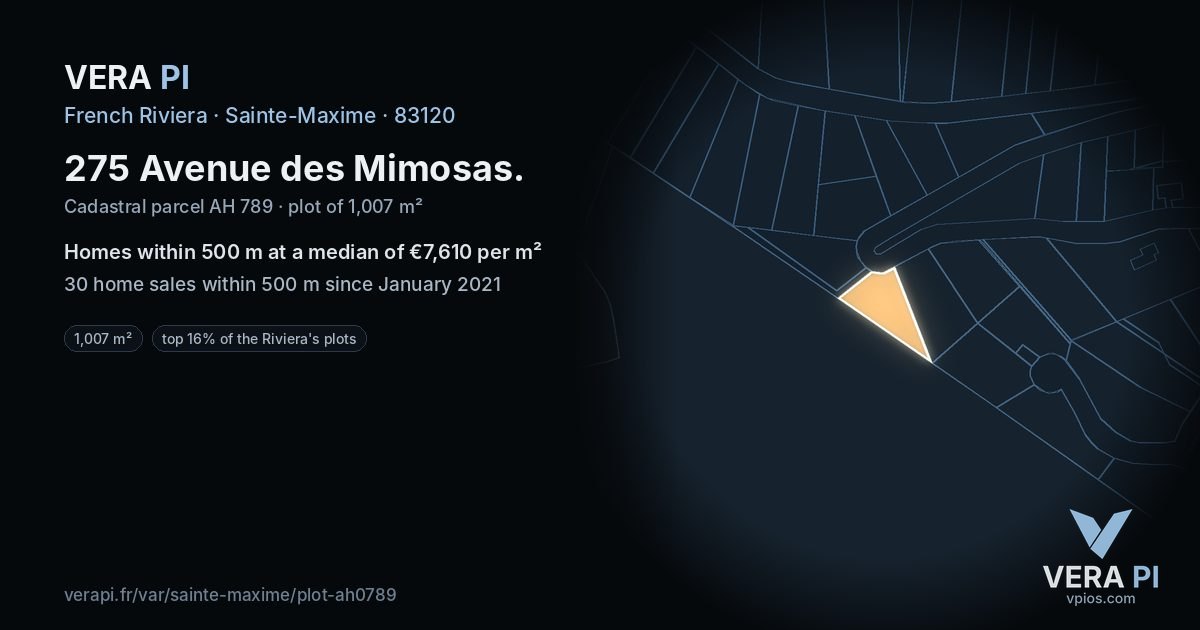 275 Avenue des Mimosas, Sainte-Maxime at night – the plot lit, the parcels around coloured by the prices near them