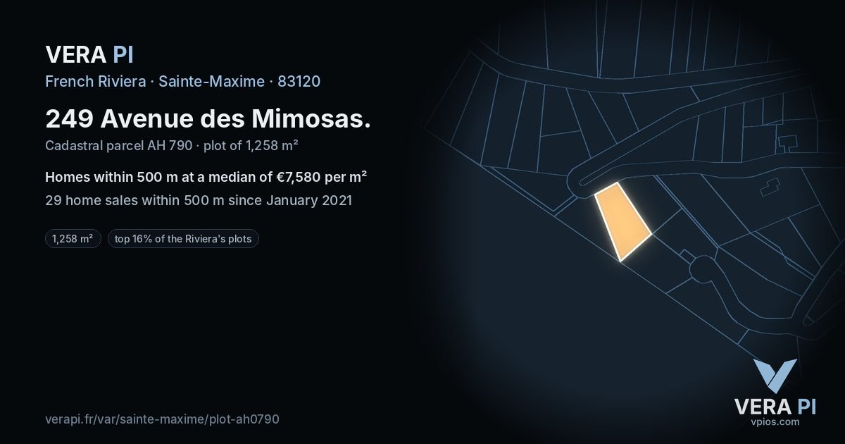 249 Avenue des Mimosas, Sainte-Maxime at night – the plot lit, the parcels around coloured by the prices near them