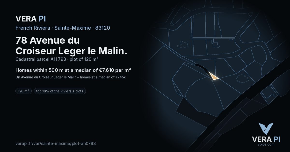 78 Avenue du Croiseur Leger le Malin, Sainte-Maxime at night – the plot lit, the parcels around coloured by the prices near them