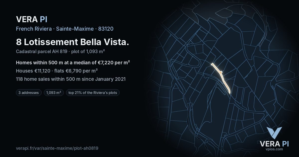8 Lotissement Bella Vista, Sainte-Maxime at night – the plot lit, the parcels around coloured by the prices near them