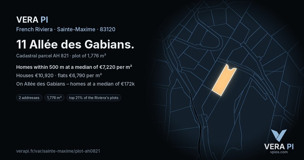 11 Allée des Gabians, Sainte-Maxime at night – the plot lit, the parcels around coloured by the prices near them