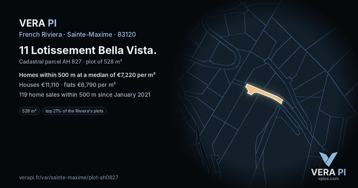 11 Lotissement Bella Vista, Sainte-Maxime at night – the plot lit, the parcels around coloured by the prices near them