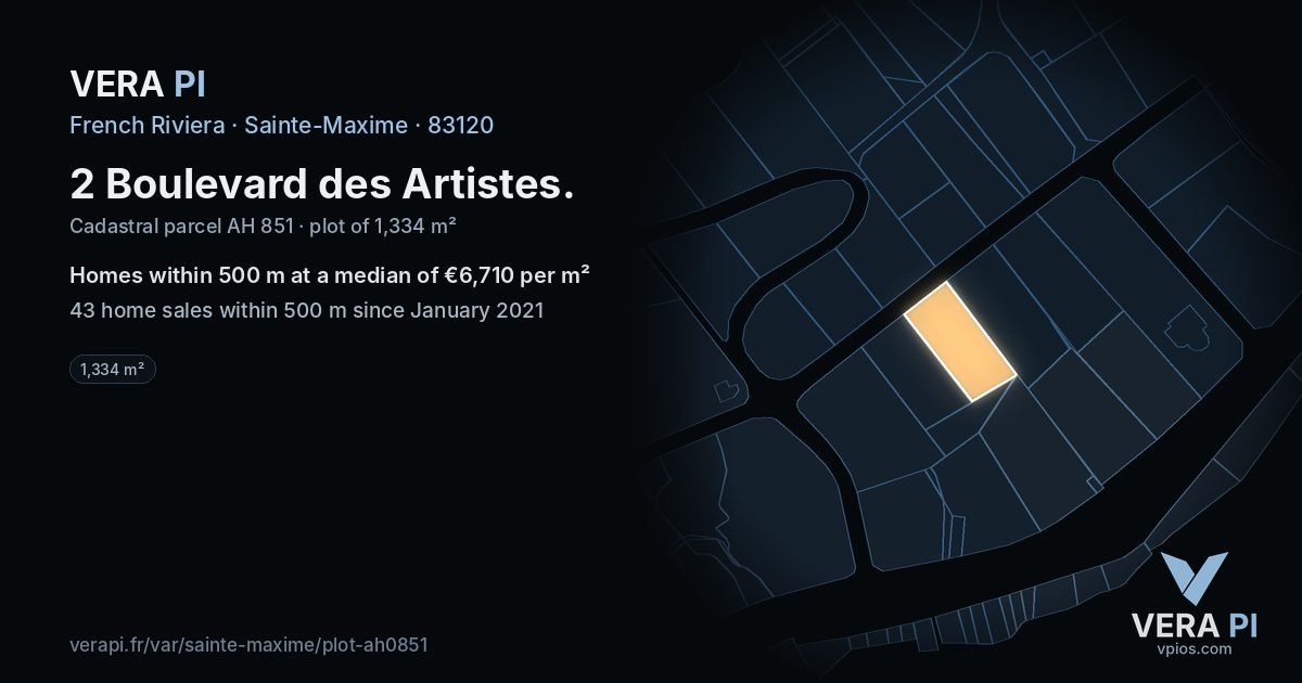 2 Boulevard des Artistes, Sainte-Maxime at night – the plot lit, the parcels around coloured by the prices near them