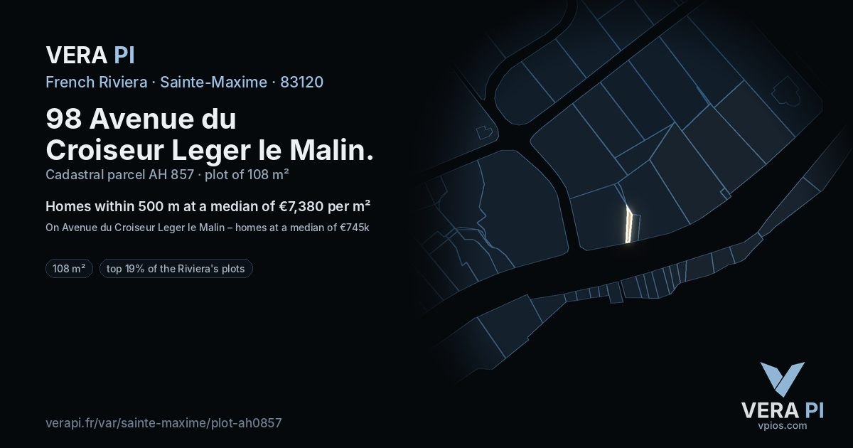 98 Avenue du Croiseur Leger le Malin, Sainte-Maxime at night – the plot lit, the parcels around coloured by the prices near them