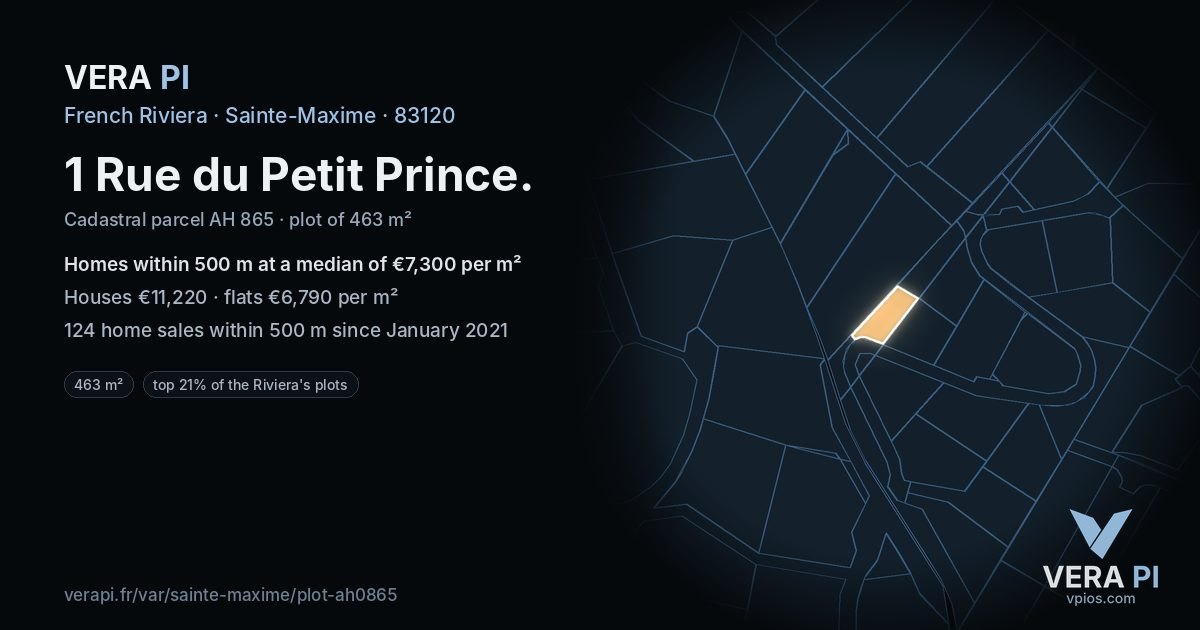1 Rue du Petit Prince, Sainte-Maxime at night – the plot lit, the parcels around coloured by the prices near them