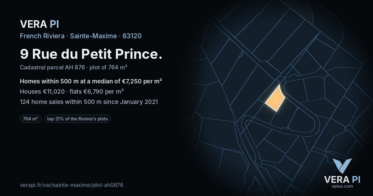 9 Rue du Petit Prince, Sainte-Maxime at night – the plot lit, the parcels around coloured by the prices near them