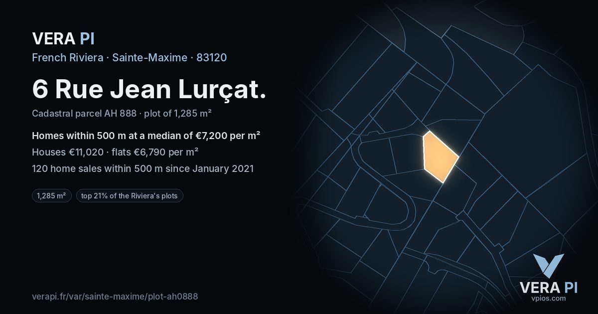 6 Rue Jean Lurçat, Sainte-Maxime at night – the plot lit, the parcels around coloured by the prices near them
