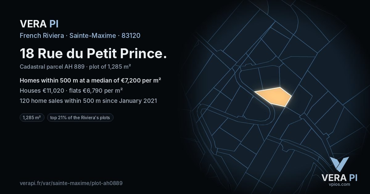 18 Rue du Petit Prince, Sainte-Maxime at night – the plot lit, the parcels around coloured by the prices near them