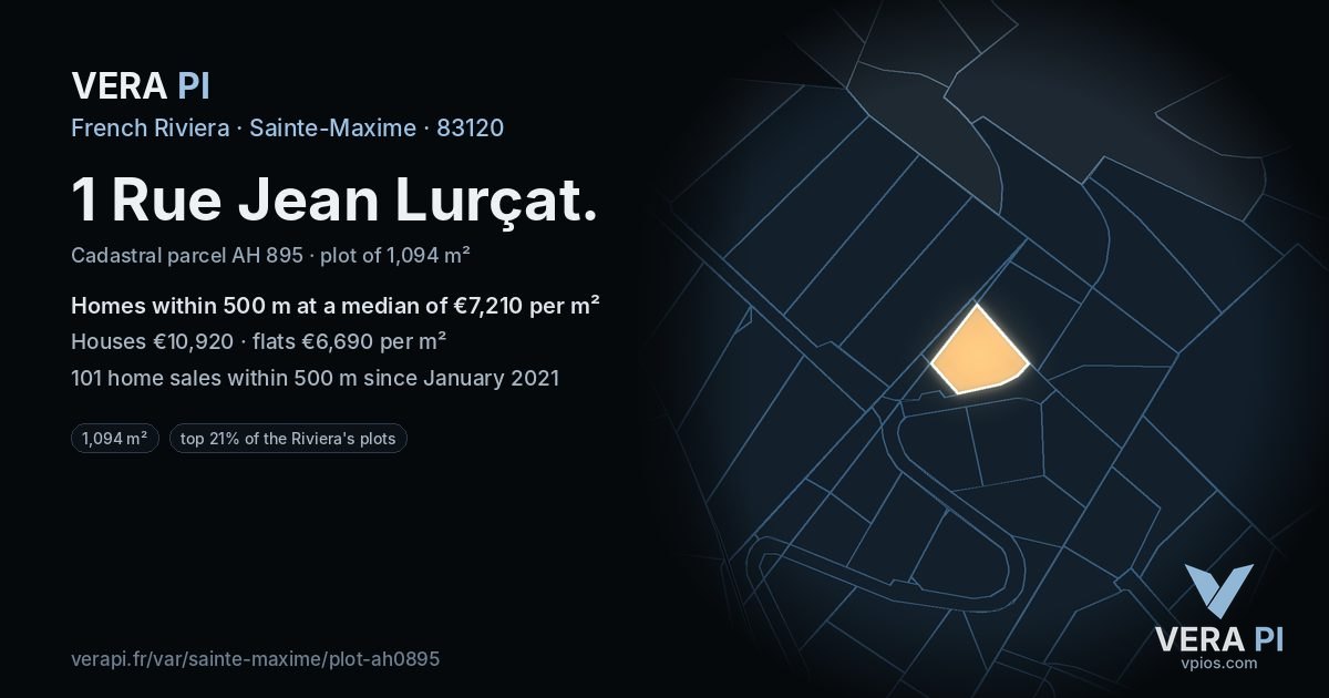 1 Rue Jean Lurçat, Sainte-Maxime at night – the plot lit, the parcels around coloured by the prices near them