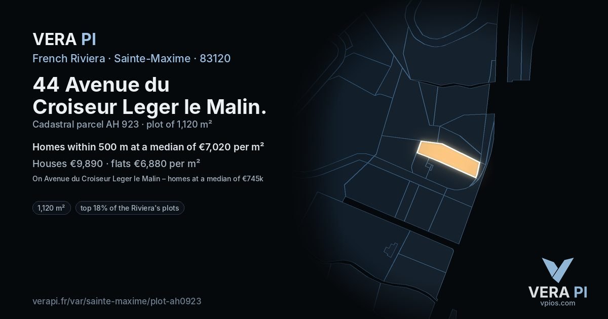 44 Avenue du Croiseur Leger le Malin, Sainte-Maxime at night – the plot lit, the parcels around coloured by the prices near them