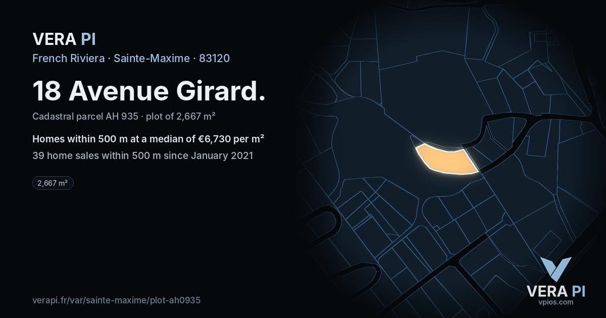 18 Avenue Girard, Sainte-Maxime at night – the plot lit, the parcels around coloured by the prices near them