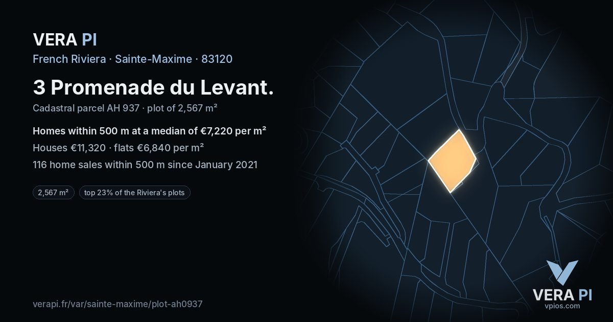 3 Promenade du Levant, Sainte-Maxime at night – the plot lit, the parcels around coloured by the prices near them