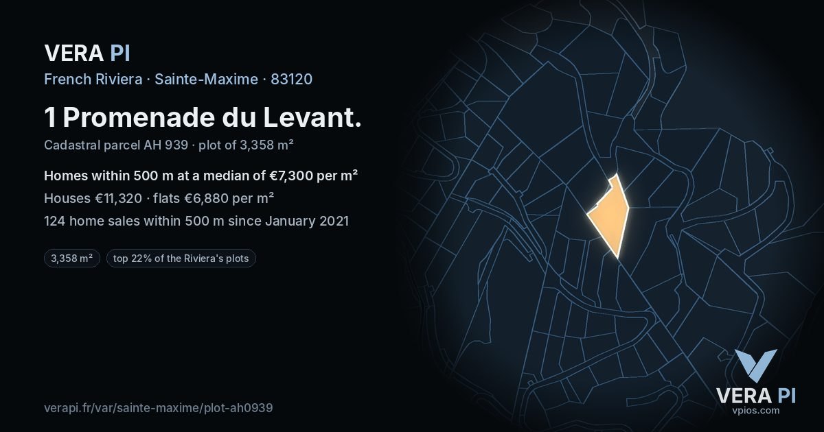 1 Promenade du Levant, Sainte-Maxime at night – the plot lit, the parcels around coloured by the prices near them