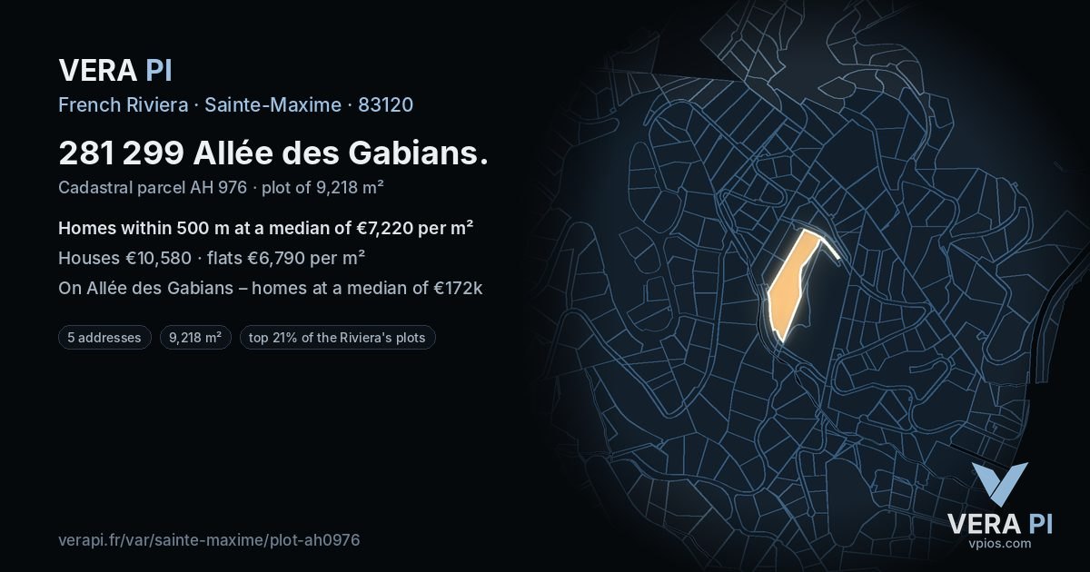 281 299 Allée des Gabians, Sainte-Maxime at night – the plot lit, the parcels around coloured by the prices near them