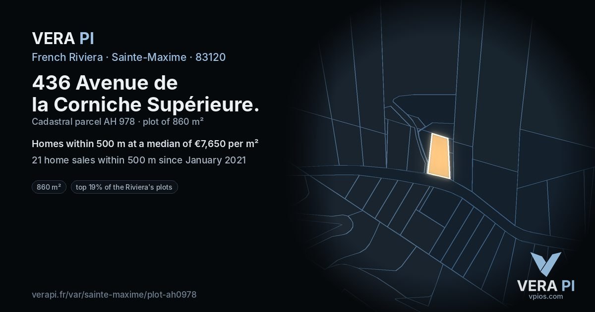 436 Avenue de la Corniche Supérieure, Sainte-Maxime at night – the plot lit, the parcels around coloured by the prices near them