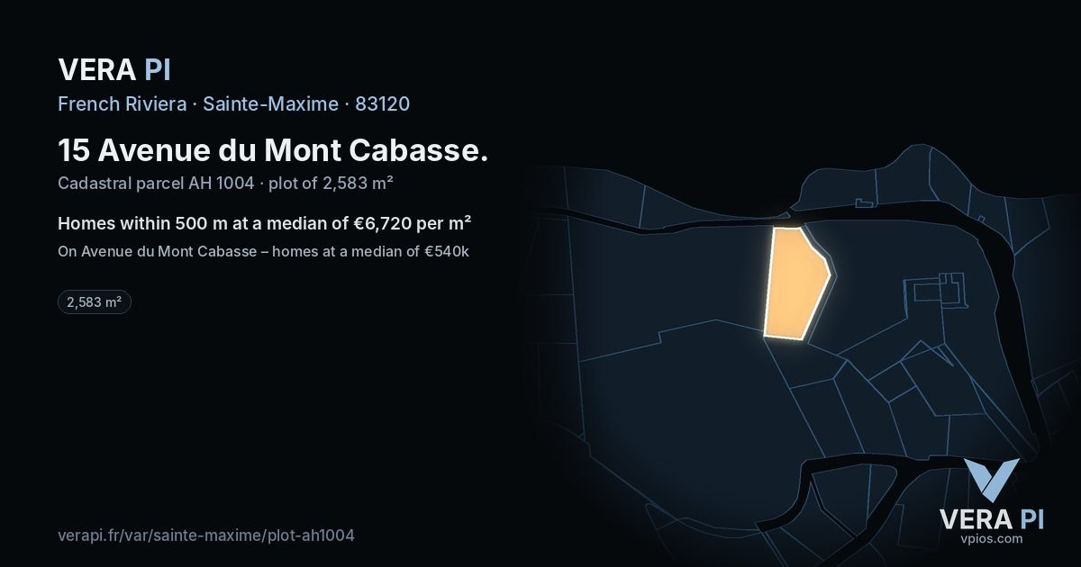 15 Avenue du Mont Cabasse, Sainte-Maxime at night – the plot lit, the parcels around coloured by the prices near them