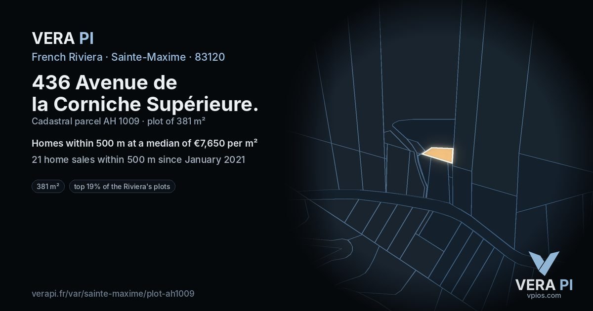 436 Avenue de la Corniche Supérieure, Sainte-Maxime at night – the plot lit, the parcels around coloured by the prices near them