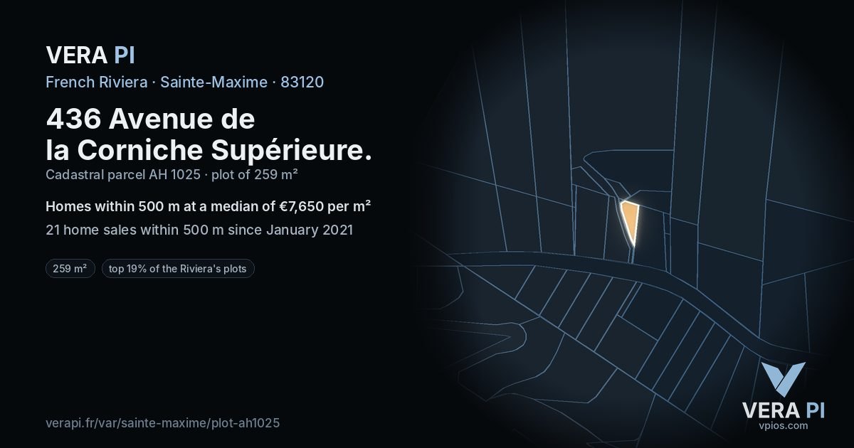 436 Avenue de la Corniche Supérieure, Sainte-Maxime at night – the plot lit, the parcels around coloured by the prices near them