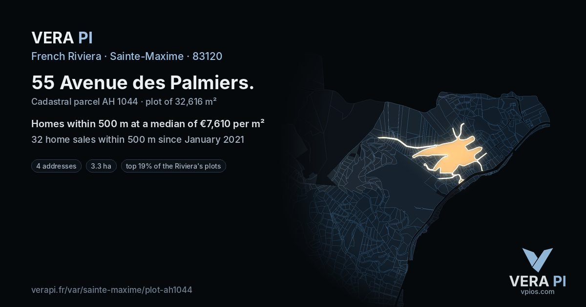 55 Avenue des Palmiers, Sainte-Maxime at night – the plot lit, the parcels around coloured by the prices near them