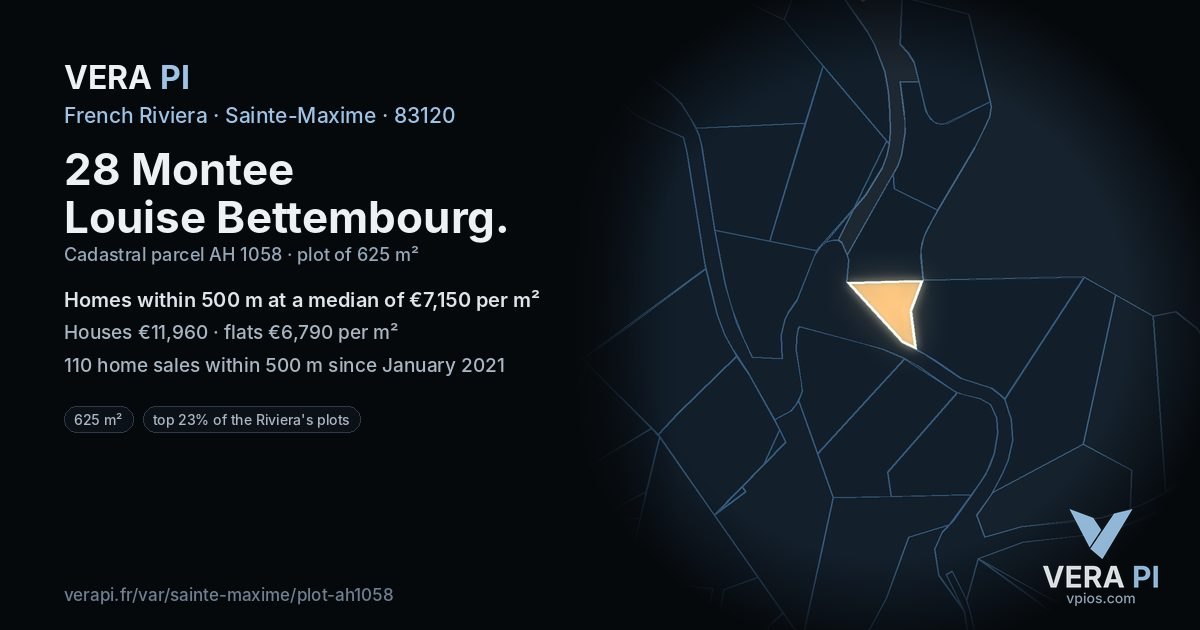 28 Montee Louise Bettembourg, Sainte-Maxime at night – the plot lit, the parcels around coloured by the prices near them