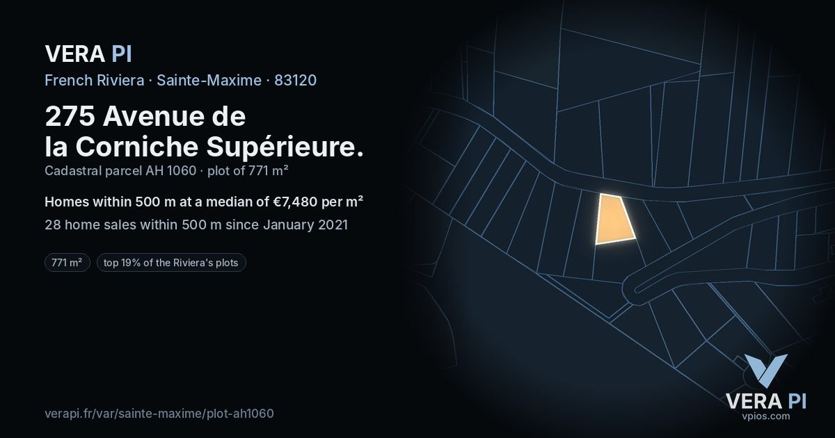 275 Avenue de la Corniche Supérieure, Sainte-Maxime at night – the plot lit, the parcels around coloured by the prices near them