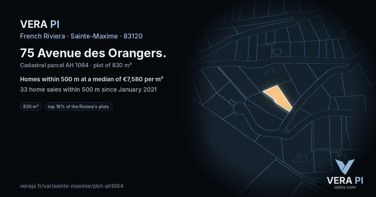 75 Avenue des Orangers, Sainte-Maxime at night – the plot lit, the parcels around coloured by the prices near them